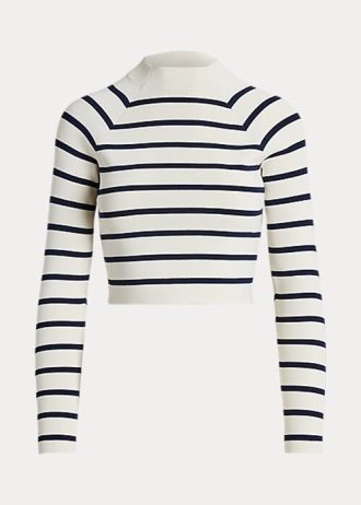 Pulls courts à col montant rayés Ralph Lauren crème/bleu marine pour femme