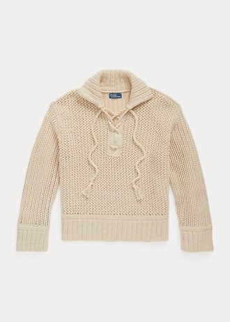 Pulls à lacets en coton et laine pour femme Ralph Lauren, couleur crème, au point de croix
