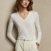 Pulls à manches longues et col en V en laine Ralph Lauren pour femme, couleur crème