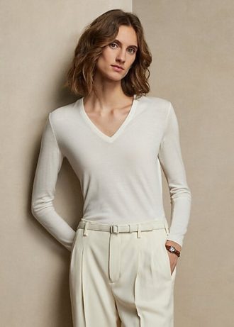 Pulls à manches longues et col en V en laine Ralph Lauren pour femme, couleur crème