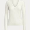 Pulls à manches longues et col en V en laine Ralph Lauren pour femme, couleur crème