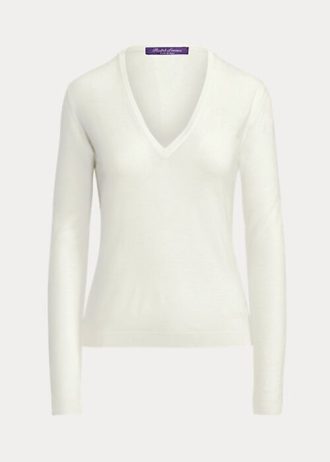 Pulls à manches longues et col en V en laine Ralph Lauren pour femme, couleur crème