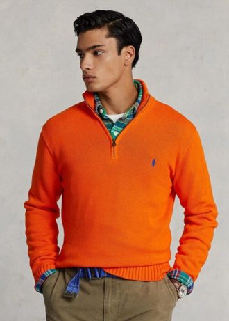 Pulls orange Ralph Lauren en coton à quart de zip pour homme