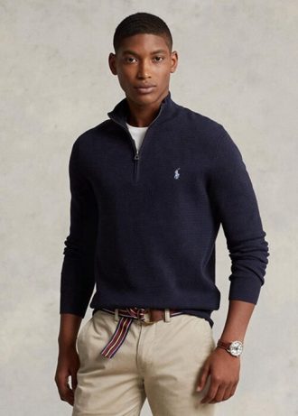 Pulls Ralph Lauren bleu marine en coton texturé à quart de zip pour homme