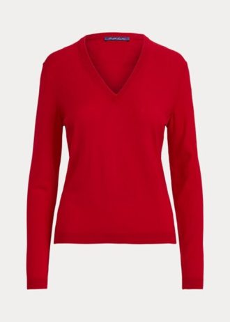 Pulls rouges à manches longues et col en V en laine Ralph Lauren pour femmes
