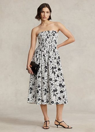 Robe bustier en lin fleuri noir/crème Ralph Lauren pour femme