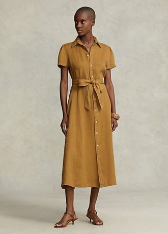 Robe courte en lin ceinturée marron Ralph Lauren pour femme