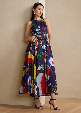 Robe de jour multicolore en satin de coton imprimé Renshaw Ralph Lauren pour femme
