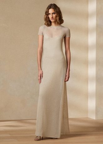 Robe de soirée beige à manches courtes en maille Ralph Lauren pour femme