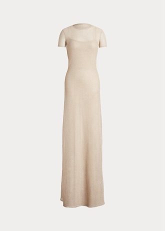 Robe de soirée beige à manches courtes en maille Ralph Lauren pour femme