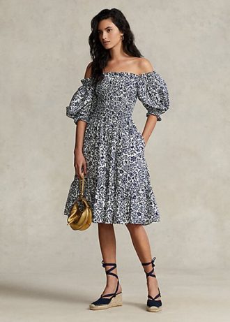 Robe en coton à manches blouson fleuries Ralph Lauren pour femme