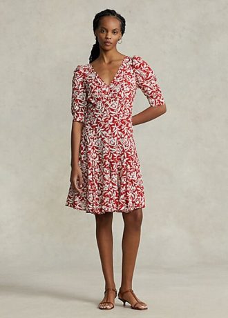 Robe en crêpe à godets et manches mouton Ralph Lauren pour femme