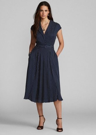 Robe en georgette de soie à pois bleu marine/crème Ralph Lauren pour femme Robe en georgette de soie à pois bleu marine/crème Ralph Lauren pour femme