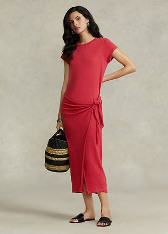Robe en jersey de lin rouge Ralph Lauren pour femme avec détails noués