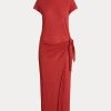 Robe en jersey de lin rouge Ralph Lauren pour femme avec détails noués Robe en jersey de lin rouge Ralph Lauren pour femme avec détails noués