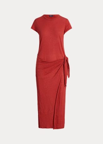 Robe en jersey de lin rouge Ralph Lauren pour femme avec détails noués