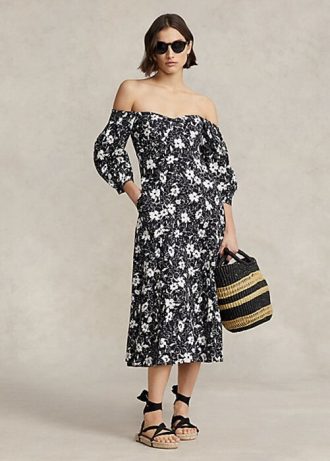 Robe en lin à épaules dénudées et motif floral Ralph Lauren noir/crème pour femme