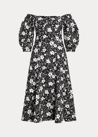 Robe en lin à épaules dénudées et motif floral Ralph Lauren noir/crème pour femme