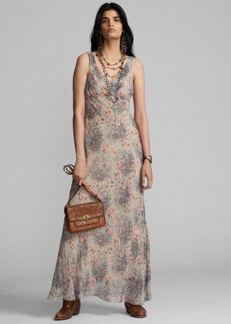 Robe en mousseline de soie froissée à fleurs multicolore/marron Ralph Lauren pour femme
