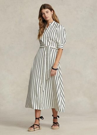 Robe en soie mûre à rayures crème/noire Ralph Lauren pour femme