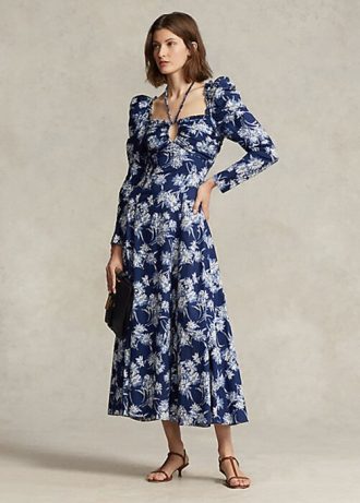 Robe licou en coton fleuri bleu Ralph Lauren pour femme
