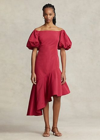 Robe longue asymétrique en taffetas à volants Ralph Lauren rouge pour femme