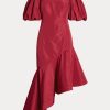 Robe longue asymétrique en taffetas à volants Ralph Lauren rouge pour femme