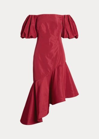 Robe longue asymétrique en taffetas à volants Ralph Lauren rouge pour femme
