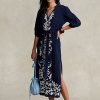 Robe longue en gaze à broderies florales Ralph Lauren bleu marine pour femme