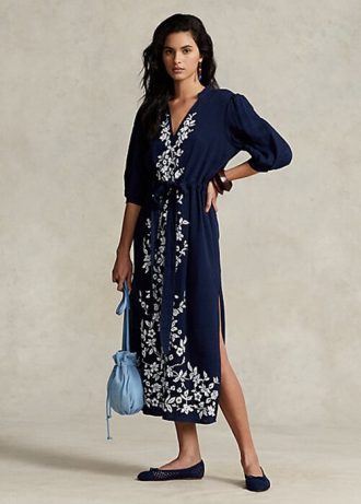 Robe longue en gaze à broderies florales Ralph Lauren bleu marine pour femme
