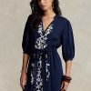 Robe longue en gaze à broderies florales Ralph Lauren bleu marine pour femme