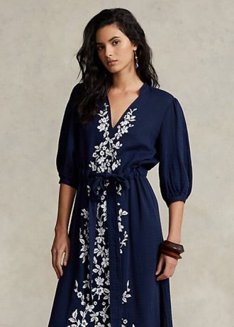 Robe longue en gaze à broderies florales Ralph Lauren bleu marine pour femme