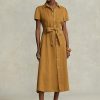 Robe à manches courtes en lin ceinturée marron Ralph Lauren pour femme