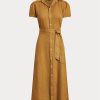 Robe à manches courtes en lin ceinturée marron Ralph Lauren pour femme