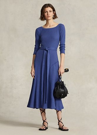 Robe mi-longue à col bateau en coton bleu marine Ralph Lauren pour femme