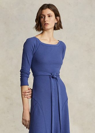 Robe mi-longue à col bateau en coton bleu marine Ralph Lauren pour femme