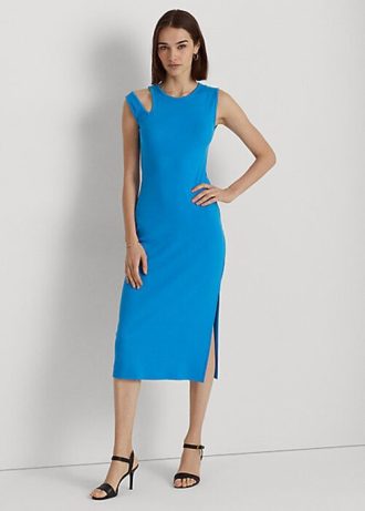 Robe mi-longue sans manches en coton mélangé bleu Ralph Lauren pour femme