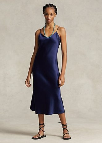Robe nuisette mi-longue en soie mûre Ralph Lauren bleu marine pour femme