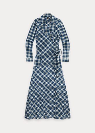 Robe portefeuille en voile de coton à carreaux bleu Ralph Lauren pour femme