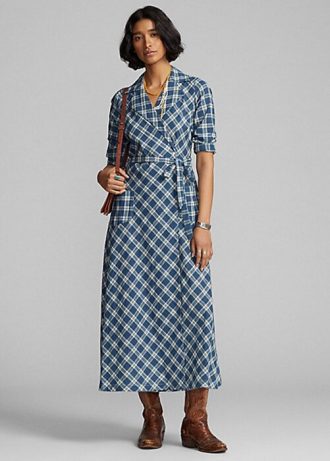 Robe portefeuille en voile de coton à carreaux bleu Ralph Lauren pour femme