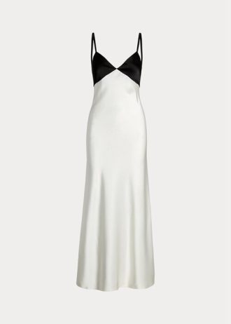 Robe sans manches en satin contrasté blanc/noir Ralph Lauren pour femme