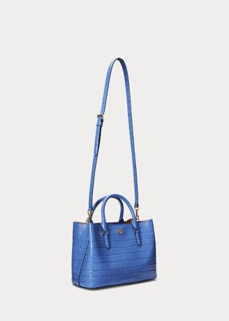 Sac cartable Marcy de taille moyenne en cuir gaufré Ralph Lauren bleu New England pour femme