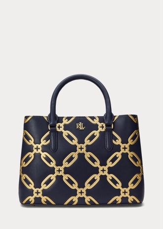 Sac cartable Marcy de taille moyenne en cuir à imprimé métallisé Ralph Lauren, bleu marine raffiné/doré moderne