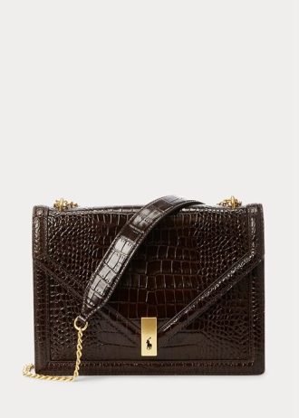 Sac à main en cuir chocolat pour femme Ralph Lauren Polo ID, avec chaîne et motif crocodile