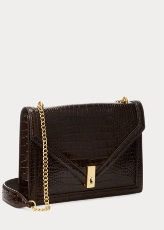Sac à main en cuir chocolat pour femme Ralph Lauren Polo ID, avec chaîne et motif crocodile