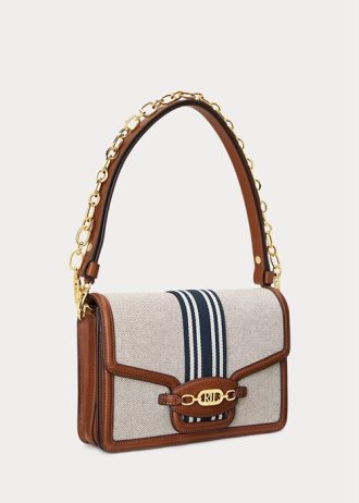 Sac à main moyen en toile rayée Ralph Lauren pour femme, couleur tan/bleu marine