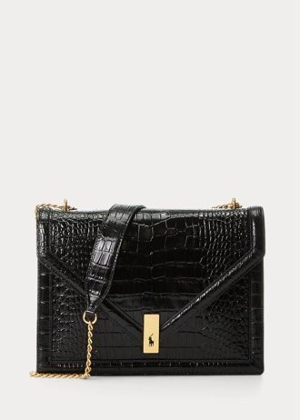 Sacs à bandoulière noirs pour femme Ralph Lauren Polo ID avec chaîne et motif crocodile