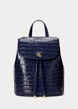 Sacs à dos Winny de taille moyenne en cuir gaufré Ralph Lauren pour femme, bleu marine raffiné