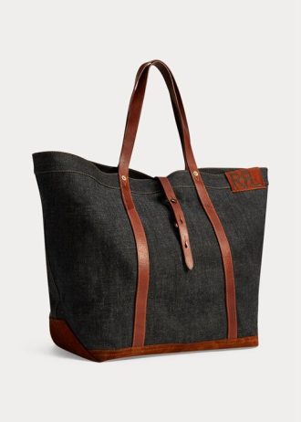 Sacs fourre-tout en denim indigo Ralph Lauren pour femme avec bordure en cuir
