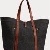 Sacs fourre-tout en denim indigo Ralph Lauren pour femme avec bordure en cuir Sacs fourre-tout en denim indigo Ralph Lauren pour femme avec bordure en cuir